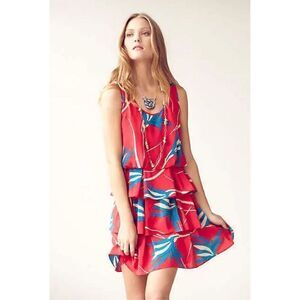 Anthropologie Sariah Ribbon Grass 100% Silk Tiered Ruffle Sleeveless Dress 4US